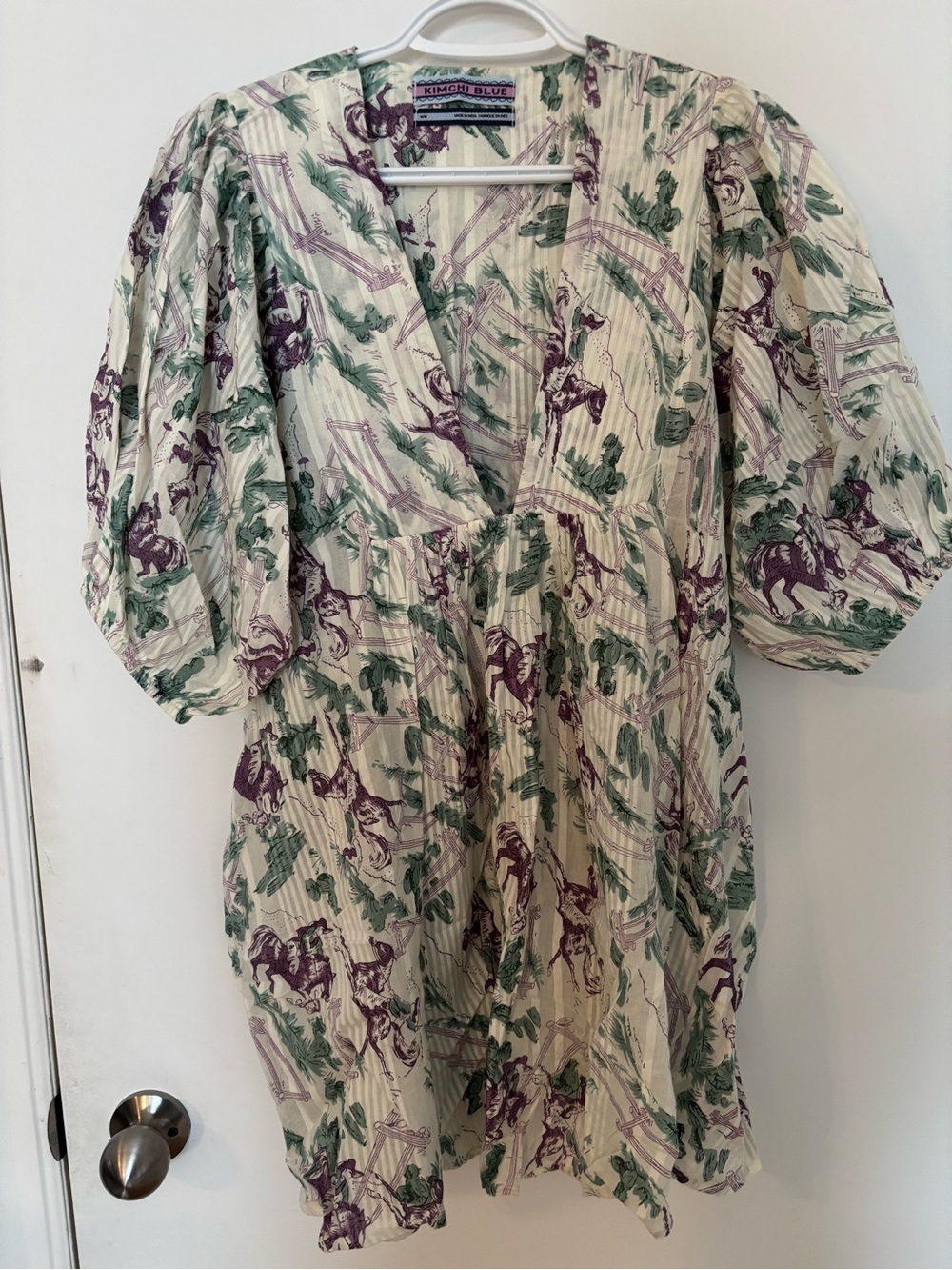 Kimchi Blue Mini Dress in Cream with Purple & Green Print - Size Medium